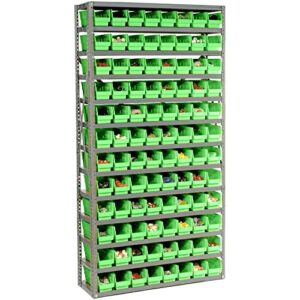 global industrial 13 shelf steel shelving with (96) 4" h plastic shelf bins, green, 36x12x72