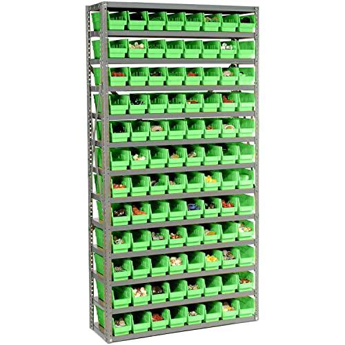 Global Industrial 13 Shelf Steel Shelving with (96) 4" H Plastic Shelf Bins, Green, 36x12x72