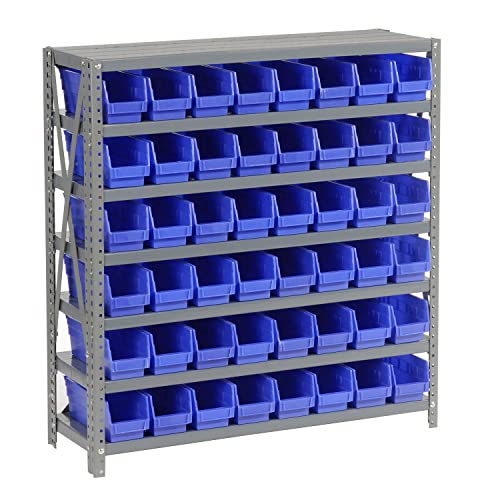 Global Industrial 7 Shelf Steel Shelving with (48) 4" H Plastic Shelf Bins, Blue, 36x12x39