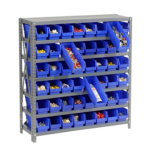 Global Industrial 7 Shelf Steel Shelving with (48) 4" H Plastic Shelf Bins, Blue, 36x12x39