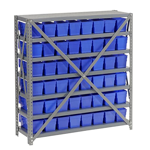 Global Industrial 7 Shelf Steel Shelving with (48) 4" H Plastic Shelf Bins, Blue, 36x12x39