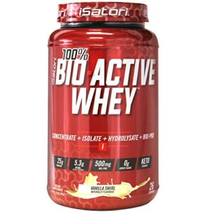isatori 100% bio-active whey protein powder, concentrate, isolate and hydrolysate - bio-gro, bio active peptides, and bcaas for recovery 25g of protein per serving - vanilla swirl (26 servings)