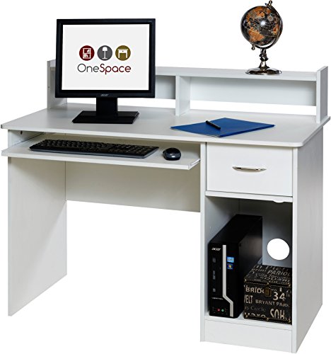 OneSpace Essential Computer Desk, Hutch with Pull-Out Keyboard, White