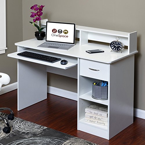 OneSpace Essential Computer Desk, Hutch with Pull-Out Keyboard, White