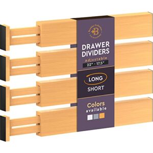 large kitchen drawer organizer - expandable bamboo drawer dividers (17.5" - 22") - adjustable separators for kitchen, clothes, dresser, bedroom, bathroom, and desk drawers - 4 pack (natural)