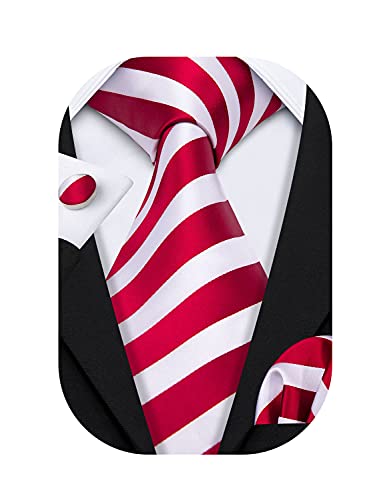 Barry.Wang Stripe Men Ties Set Classic WOVEN Necktie with Handkerchief Cufflinks Formal Red and White