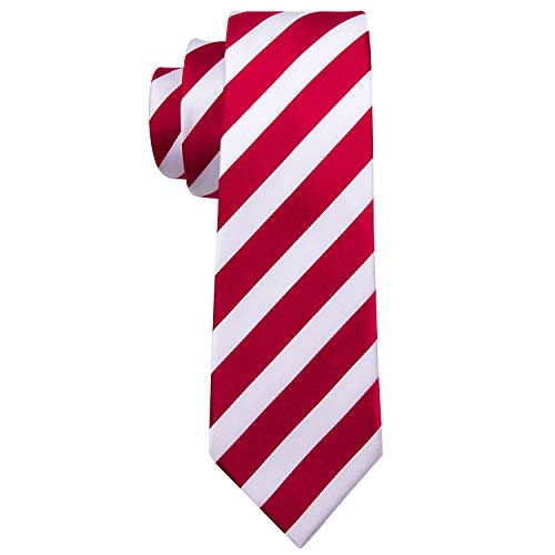 Barry.Wang Stripe Men Ties Set Classic WOVEN Necktie with Handkerchief Cufflinks Formal Red and White