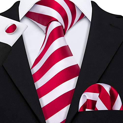 Barry.Wang Stripe Men Ties Set Classic WOVEN Necktie with Handkerchief Cufflinks Formal Red and White