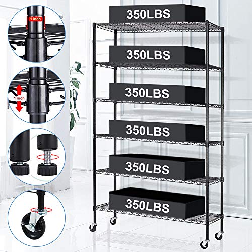 BestMassage 72"x48"x18" 6 Tire Wire Shelving Unit NSF Storage Shelves Large Heavy Duty Metal Shelf Organizer Height Adjustable Commercial Grade Steel Rack 2100 LBS Capacity with Wheels,Black