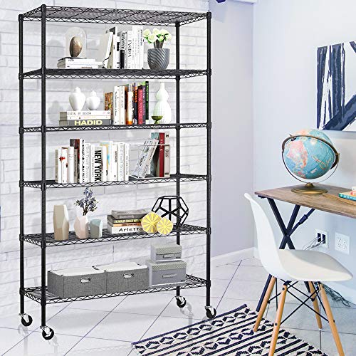 BestMassage 72"x48"x18" 6 Tire Wire Shelving Unit NSF Storage Shelves Large Heavy Duty Metal Shelf Organizer Height Adjustable Commercial Grade Steel Rack 2100 LBS Capacity with Wheels,Black