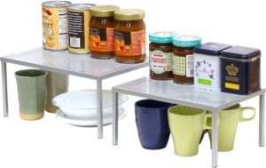 simple houseware expandable stackable kitchen cabinet and counter shelf organizer, silver