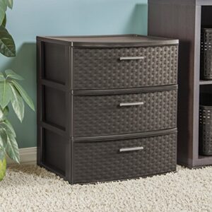 Sterilite 25306P01 3 Drawer Wide Weave Tower, Espresso Frame & Drawers with Driftwood Handles, 2-Pack