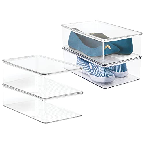 mDesign Plastic Closet Organizer Box Containers with Hinged Lid for Bedroom Shelves/Cabinets, Holds Flats, Sandals, Sneakers, Dress Shoes, Heels, Booties, and Wedges, Ligne Collection, 4 Pack, Clear