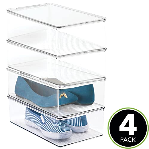 mDesign Plastic Closet Organizer Box Containers with Hinged Lid for Bedroom Shelves/Cabinets, Holds Flats, Sandals, Sneakers, Dress Shoes, Heels, Booties, and Wedges, Ligne Collection, 4 Pack, Clear