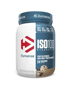 dymatize iso100 hydrolyzed protein powder, 100% whey isolate protein, 25g of protein, 5.5g bcaas, gluten free, fast absorbing, easy digesting, cookies and cream, 1.6 pound