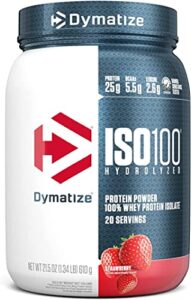 dymatize iso100 hydrolyzed protein powder, 100% whey isolate protein, 25g of protein, 5.5g bcaas, gluten free, fast absorbing, easy digesting, strawberry, 5 pound