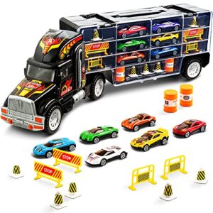 toy truck transport car carrier toy for boys and girls age 3-10 yrs old - hauler truck includes 6 toy cars and accessories - car truck fits 28 car slots - ideal gift for kids