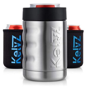 kelvz can cooler insulated beer & soda can cooler with 2 foam sleeves - stainless steel can cooler for cold drinks, 12 oz can cooler & beer can holder - fits standard 12oz cans & bottles - stainless