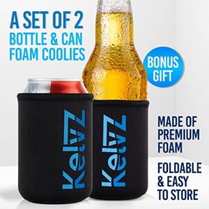 KelvZ Can Cooler Insulated Beer & Soda Can Cooler with 2 Foam Sleeves - Stainless Steel Can Cooler for Cold Drinks, 12 Oz Can Cooler & Beer Can Holder - Fits Standard 12oz Cans & Bottles - Stainless