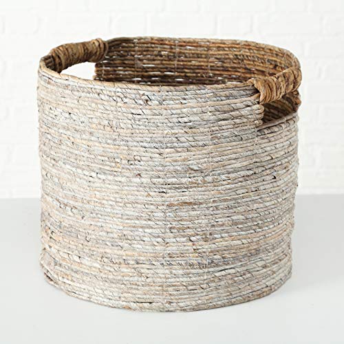 Woven Storage Baskets, Set of 3, Chunky Weave, Rustic Natural Accents, Cut Out Handles, Various Sizes 10.25 Inches - 16.25 Inches, Romantic Beach Chic White Washed Banana Leaf Baskets,