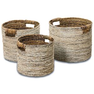 woven storage baskets, set of 3, chunky weave, rustic natural accents, cut out handles, various sizes 10.25 inches - 16.25 inches, romantic beach chic white washed banana leaf baskets,