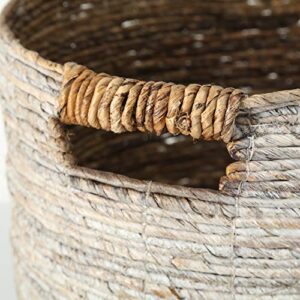 Woven Storage Baskets, Set of 3, Chunky Weave, Rustic Natural Accents, Cut Out Handles, Various Sizes 10.25 Inches - 16.25 Inches, Romantic Beach Chic White Washed Banana Leaf Baskets,