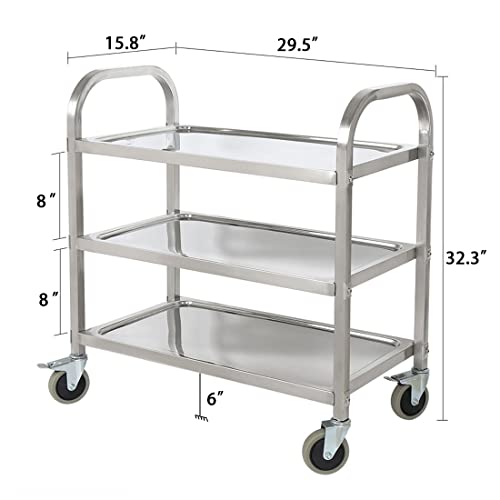 Hyner Stainless Steel 3 Tier Utility Cart Kitchen Trolley Catering Storage Cart with Universal Wheels Easy to Assemble& Move for Kitchen Restaurant Hotel Cafe Home,29.5"*15.7"*32.3"