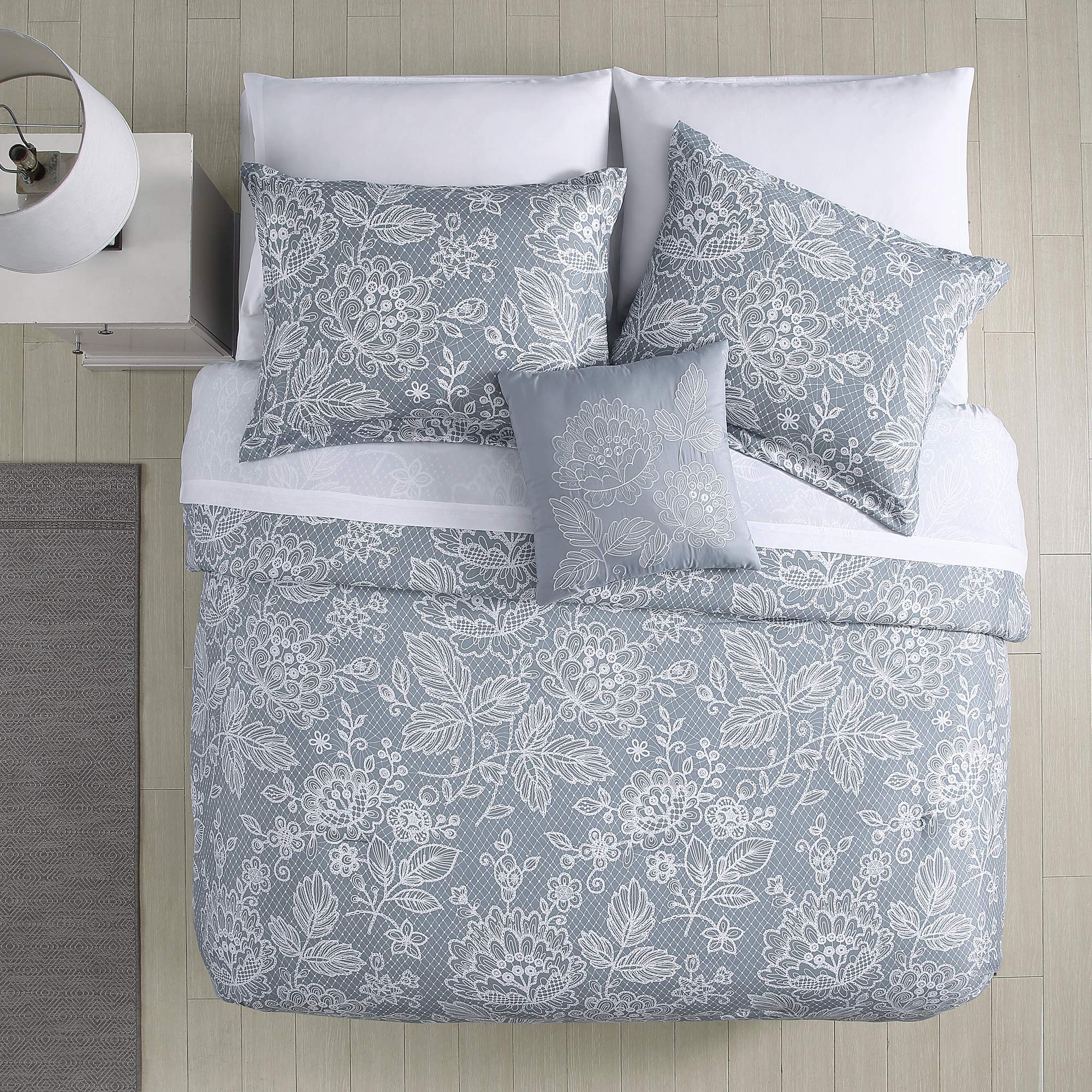 Amrapur Overseas | Olivia 8-Piece Printed Reversible Bed in a Bag (Silver Blue, Queen)