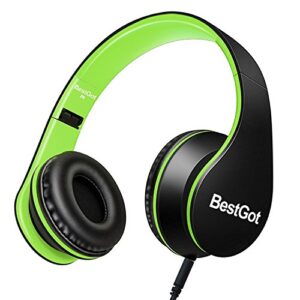 BESTGOT Kids Headphones BG6002 Children Headphones for Kids Boys Adult with Microphone Volume Control Foldable Headset with 3.5mm Plug Removable Cord (Black/Green)