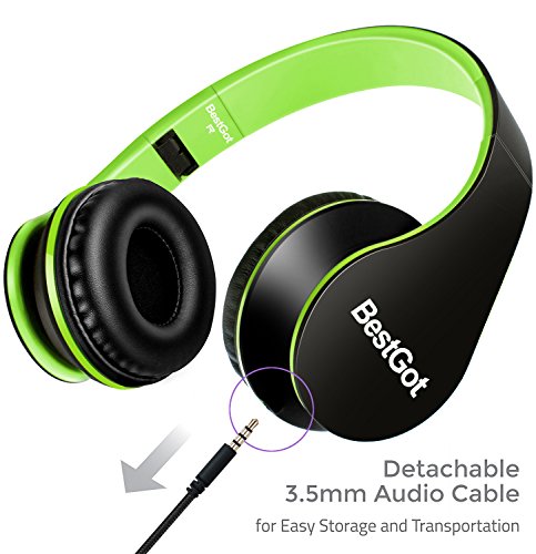 BESTGOT Kids Headphones BG6002 Children Headphones for Kids Boys Adult with Microphone Volume Control Foldable Headset with 3.5mm Plug Removable Cord (Black/Green)