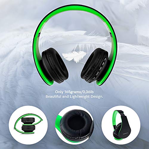 PowerLocus Wireless Bluetooth Over-Ear Stereo Foldable Headphones, Wired Headsets Rechargeable with Built-in Microphone for iPhone, Samsung, LG, iPad (Black/Green)