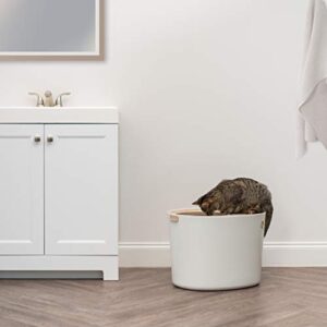 IRIS USA Large Stylish Round Top Entry Cat Litter Box with Scoop, Curved Kitty Litter Pan with Litter Particle Catching Grooved Cover and Privacy Walls, White/Beige