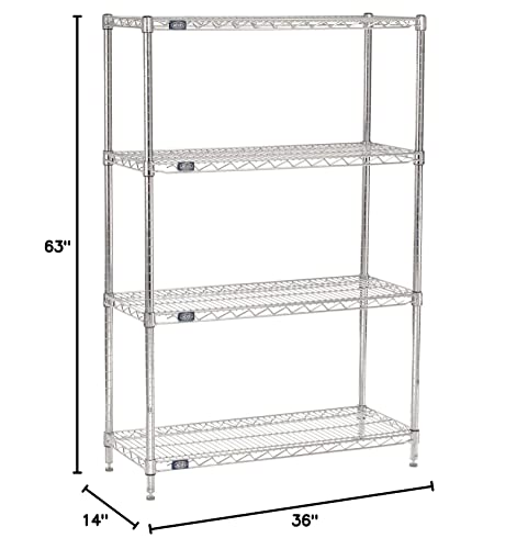 Nexel 14" x 36" x 63", 4 Tier Adjustable Wire Shelving Unit, NSF Listed Commercial Storage Rack, Chrome Finish, leveling feet