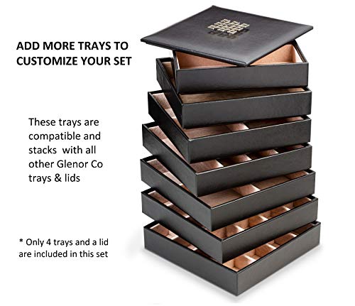 Glenor Co Jewelry Organizer Tray - 4 Stackable Trays & Lid with Mirror - 27 Slot Storage for Drawer, Dresser - Black