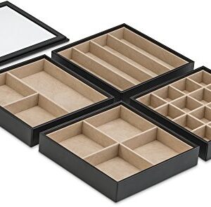 Glenor Co Jewelry Organizer Tray - 4 Stackable Trays & Lid with Mirror - 27 Slot Storage for Drawer, Dresser - Black