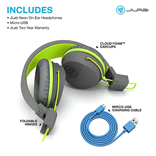 JLab Neon Bluetooth Folding On-Ear Headphones | Wireless Headphones | Green | 30 Hour Bluetooth Playtime | Noise Isolation | 40mm Neodymium Drivers | C3 Sound (Crystal Clear Clarity)