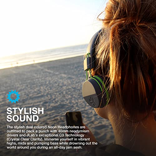 JLab Neon Bluetooth Folding On-Ear Headphones | Wireless Headphones | Green | 30 Hour Bluetooth Playtime | Noise Isolation | 40mm Neodymium Drivers | C3 Sound (Crystal Clear Clarity)