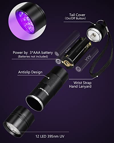 morpilot Blacklight Flashlights uv Flashlight: 12 Led 395nm 2 Pcs Black Light Flashlight Mini, Pet Urine Detector Light for Dog/Cat, Dry Stains, Resin Curing, Bed Bug