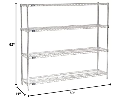 Nexel 14" x 60" x 63", 4 Tier Adjustable Wire Shelving Unit, NSF Listed Commercial Storage Rack, Chrome Finish, leveling feet