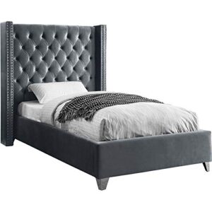 meridian furniture aiden collection modern | contemporary velvet upholstered bed with deep button tufting, solid wood frame, and custom chrome legs, twin, grey