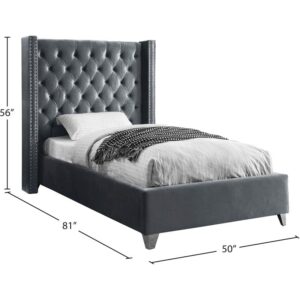 Meridian Furniture Aiden Collection Modern | Contemporary Velvet Upholstered Bed with Deep Button Tufting, Solid Wood Frame, and Custom Chrome Legs, Twin, Grey