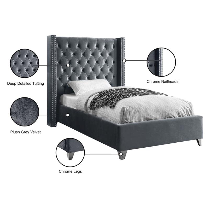 Meridian Furniture Aiden Collection Modern | Contemporary Velvet Upholstered Bed with Deep Button Tufting, Solid Wood Frame, and Custom Chrome Legs, Twin, Grey