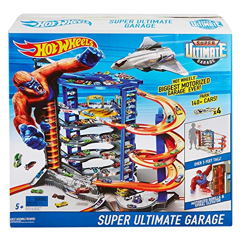 Hot Wheels Toy Car Track Set & 4 1:64 Scale Cars, Super Ultimate Garage, 3+ Ft Tall with Motorized Gorilla & Storage for 140 Cars