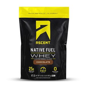ascent 100% whey protein powder - post workout whey protein isolate, zero artificial flavors & sweeteners, gluten free, 5.7g bcaa, 2.7g leucine, essential amino acids, chocolate 2 lb