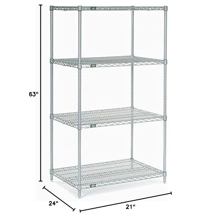 Nexel 21" x 24" x 63", 4 Tier, NSF Listed Adjustable Wire Shelving, Unit Commercial Storage Rack, Silver Epoxy, Leveling feet