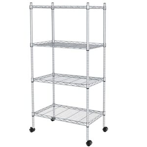js hanger wire shelving unit, 4-tier heavy duty height adjustable rolling metal shelves for storage, 440 lbs capacity, 23.23''w x 13.4''d x 47.24''h, silver
