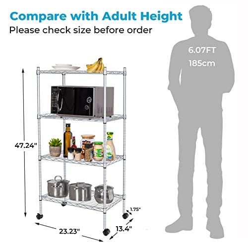 JS HANGER Wire Shelving Unit, 4-Tier Heavy Duty Height Adjustable Rolling Metal Shelves for Storage, 440 lbs Capacity, 23.23''W X 13.4''D X 47.24''H, Silver