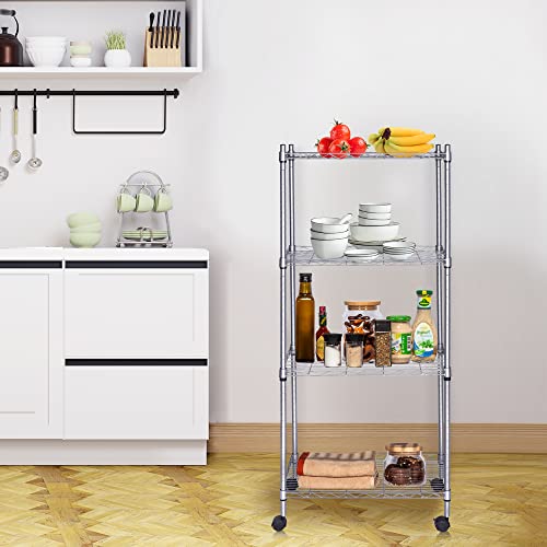 JS HANGER Wire Shelving Unit, 4-Tier Heavy Duty Height Adjustable Rolling Metal Shelves for Storage, 440 lbs Capacity, 23.23''W X 13.4''D X 47.24''H, Silver