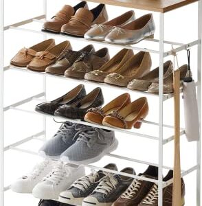 Yamazaki Home 6 Tier Wood Top Steel | Shoe Rack, One Size, White