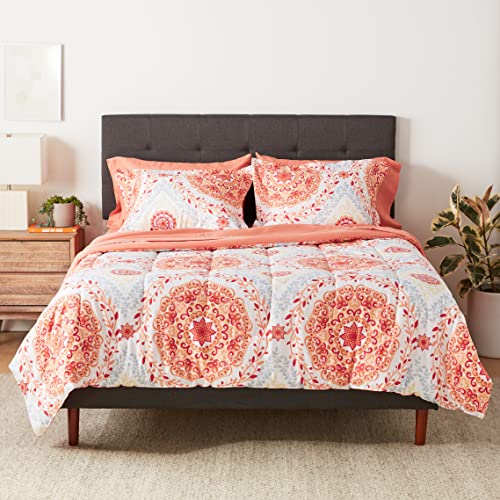 Amazon Basics Lightweight Microfiber 7 Piece Bed-in-a-Bag Comforter Bedding Set, Full/Queen, Coral Medallion